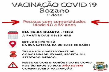 Bozano vacina pessoas com comorbidades com idades entre 40 e 59 anos