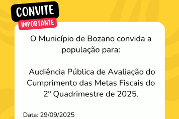 Convidamos a população a participar da Audiência Pública que ocorrerá na Câmara Municipal de Vereadores no dia 29/09/2025 às 18 horas.